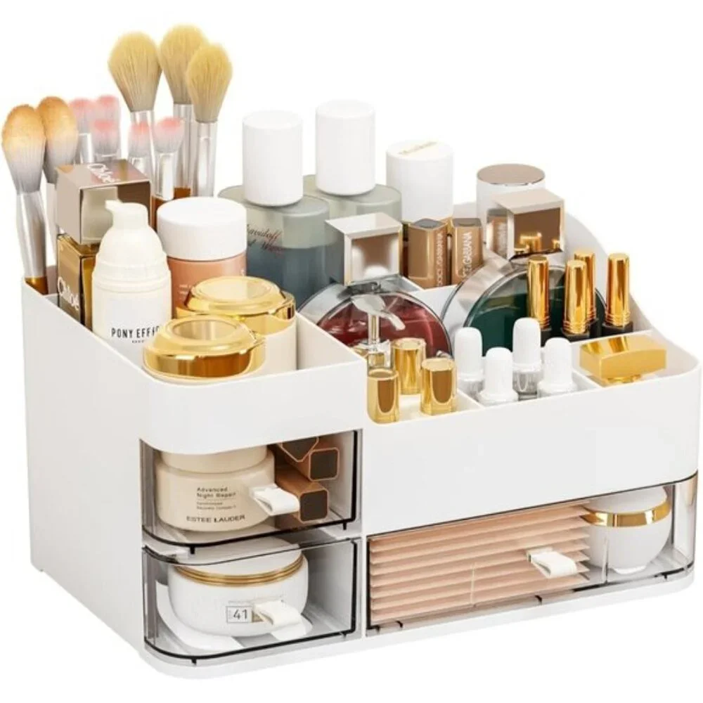 New White Makeup Organizer for Vanity, Large Plastic Drawer Storage for Skincare